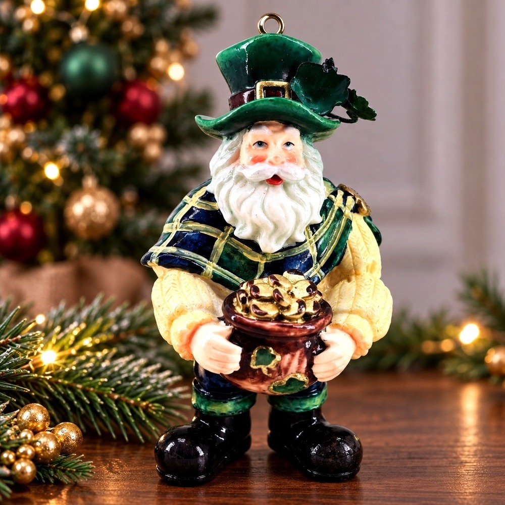 Kurt Adler Irish Leprechaun Santa Claus Christmas Ornament Tartan Pot-o-Gold